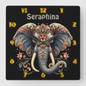 Elefant mit aufwändigen Blumendesigns Quadratische Wanduhr (Vorderseite)