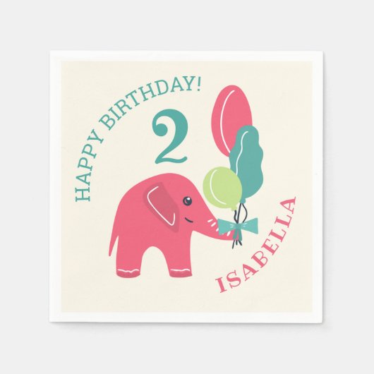 Elefant mit Ballon-Mädchen-2. Geburtstag Serviette (Vorderseite)