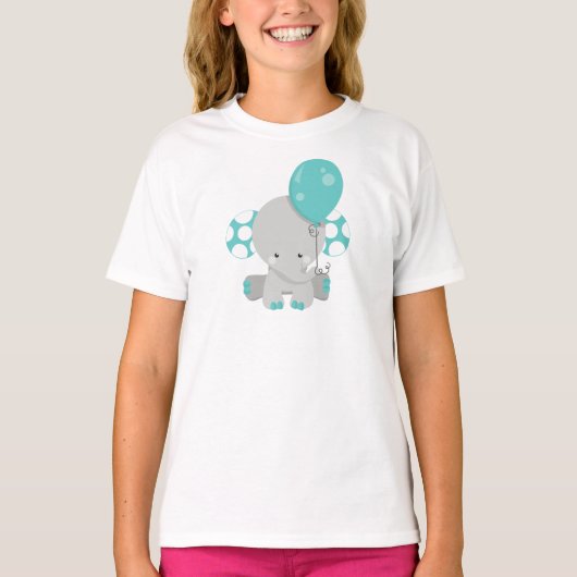Elefant mit Ballon, Niedlicher Elefant - Blau grau T-Shirt (Vorderseite)