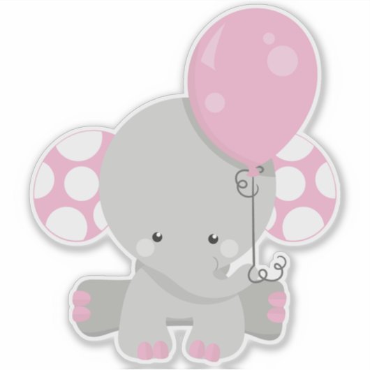 Elefant mit Ballon, Niedlicher Elefant - rosa grau Aufkleber (Vorderseite)