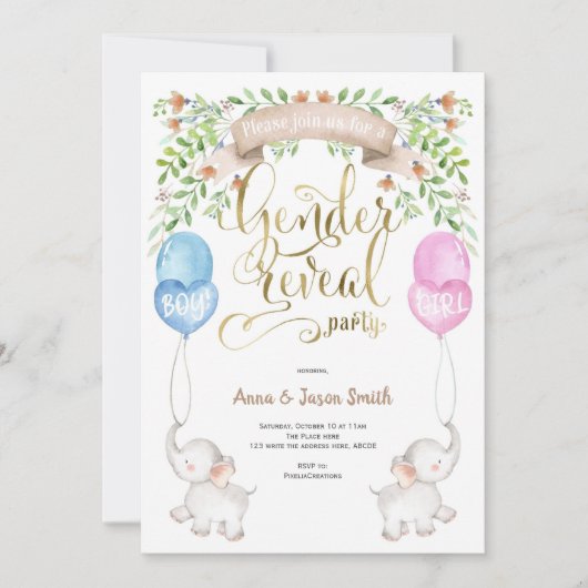 Elefant mit Ballons, Party der Geschlechtsoffenbar Einladung (Vorderseite)