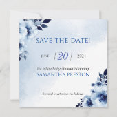 Elefant mit blauen Anemonen Es ist eine Baby-Dusch Save The Date (Rückseite)