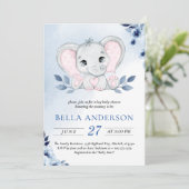 Elefant mit Blue Anemones Wasserfarben Babydusche Einladung (Stehend Vorderseite)