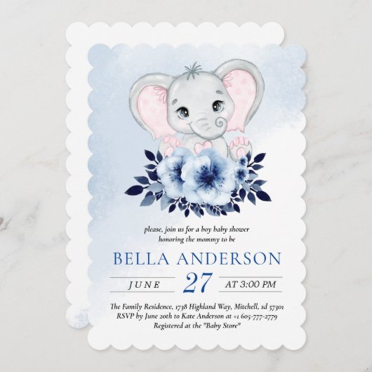 Elefant mit Blue Anemones Wasserfarben Babydusche Einladung (Vorne/Hinten)