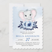 Elefant mit Blue Anemones Wasserfarben Babydusche Einladung (Vorderseite)