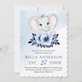 Elefant mit Blue Anemones Wasserfarben Babydusche Einladung