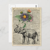 Elefant mit Blume Collage über Vintage Seite Postkarte (Vorne/Hinten)