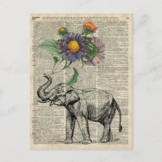 Elefant mit Blume Collage über Vintage Seite Postkarte (Vorderseite)