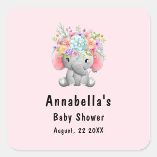 Elefant mit Blumen  Baby Shower  Quadratischer Aufkleber