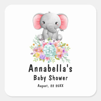 Elefant mit Blumen Baby Shower Quadratischer Aufkleber