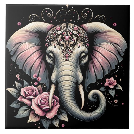 Elefant mit eleganter Rose-Abbildung Fliese (Vorderseite)