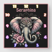 Elefant mit eleganter Rose-Abbildung Quadratische Wanduhr (Vorderseite)