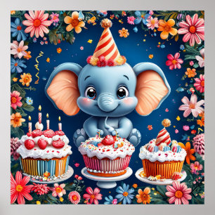 Elefant mit Kuchen und Luftballons Kunst Kinderpar Poster