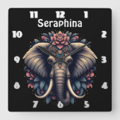 Elefant mit lebhaften Blumenmustern Quadratische Wanduhr (Vorderseite)