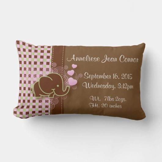 Elefant mit Rosa u. kariertem Hintergrund Browns Lendenkissen (Vorderseite)