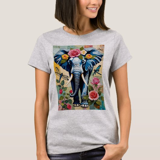 Elefant mit Rosen und Libellen Patchwork T-Shirt (Vorderseite)