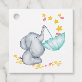 Elefant mit Umbrella Niedlich Neutral Baby Dusche Geschenkanhänger