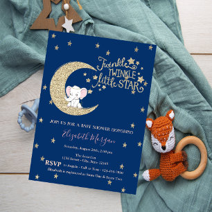 Elefant, Mond, Glitter Funkelnder Stern Baby Show Einladung