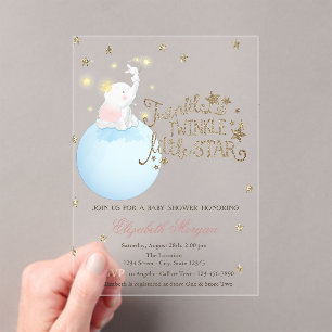 Elefant, Mond, Glitzer Sterne Gestreifte Babyparty Acryleinladungen
