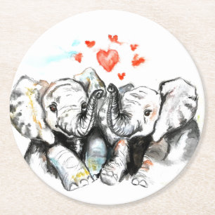 Elefant-Paar-Papier-Untersetzer - Liebe - Aquarell Runder Pappuntersetzer