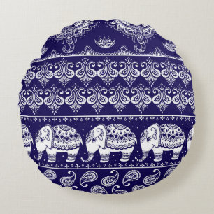 Elefant, Paisley: tribaler Vintage-Muster. Rundes Kissen