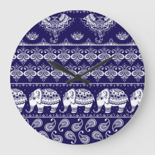 Elefant, Paisley: Vintages Stammesmuster. Große Wanduhr