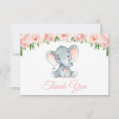 Elefant, rosa Aquarell-Blume, Babydusche Dankeskarte (Vorderseite)