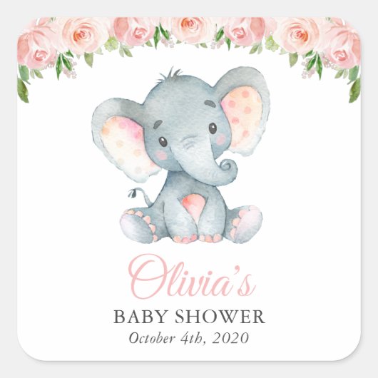 Elefant, rosa Aquarell-Blume, Babydusche Quadratischer Aufkleber (Vorderseite)
