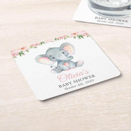 Elefant, rosa Aquarell-Blume, Babydusche Rechteckiger Pappuntersetzer (angewinkelt)