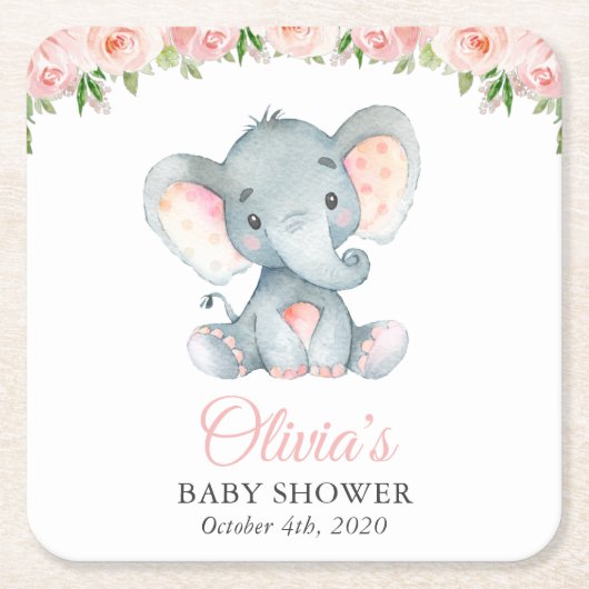 Elefant, rosa Aquarell-Blume, Babydusche Rechteckiger Pappuntersetzer (Vorderseite)