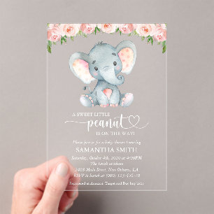 Elefant, rosa Aquarellblumen, Babyparty Acryleinladungen