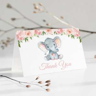 Elefant, rosa Aquarellblumen, erster Geburtstag Dankeskarte