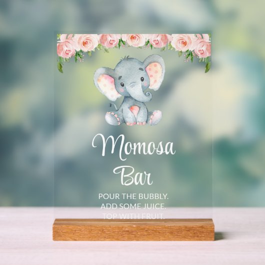 Elefant, rosa Blume, Baby Dusche Momosa Bar Acrylschild (Neutral)