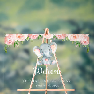 Elefant, rosa Blume, Begrüßung zum ersten Geburtst Acrylschild