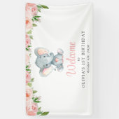 Elefant, rosa Blume, Begrüßung zum ersten Geburtst Banner (Vertikal)