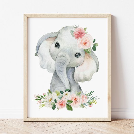 Elefant, Safari, rosa Blume, Girl-Kinderzimmer Fotodruck