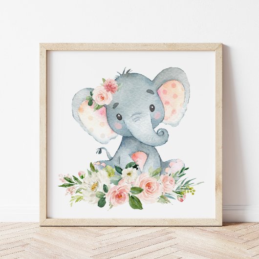 Elefant, Safari, rosa Blume, Girl-Kinderzimmer Poster