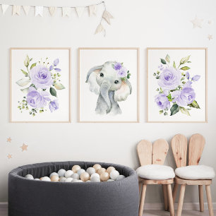 Elefant, Safari, violette Blumen, neutrale Geschle Bilderwand Sets