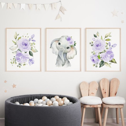 Elefant, Safari, violette Blumen, neutrale Geschle Bilderwand Sets