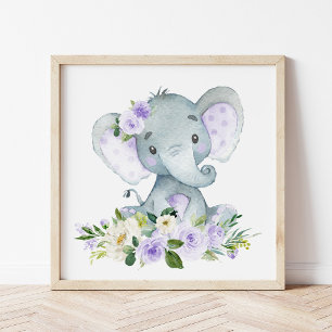 Elefant, Safari, violette Blumen, neutrale Geschle Poster