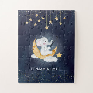 Elefant sitzt auf dem Halbmond in Marineblau Puzzle