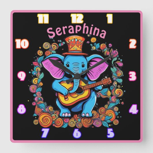 Elefant spielt Gitarre in einer Blume Quadratische Wanduhr (Vorderseite)