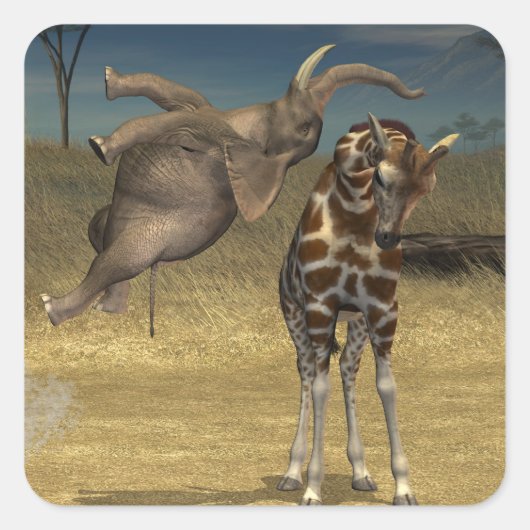 Elefant springt über Giraffe Quadratischer Aufkleber (Vorderseite)
