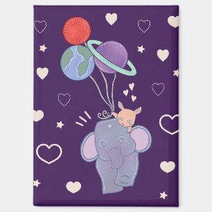 Elefant und Hase Weltraum-Ballonfahrt   Whimsical  Magnet