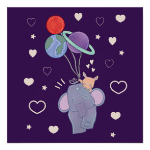 Elefant und Hase Weltraum-Ballonfahrt Whimsical Poster