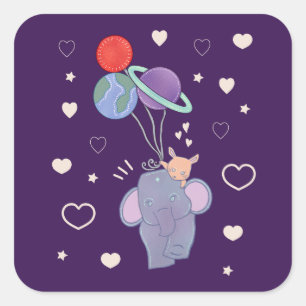 Elefant und Hase Weltraum-Ballonfahrt Whimsical Quadratischer Aufkleber