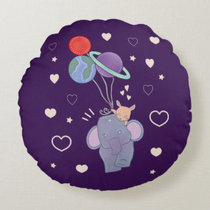 Elefant und Hase Weltraum-Ballonfahrt Whimsical Rundes Kissen