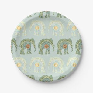 Elefant und Mandala in Hellgrün Pappteller
