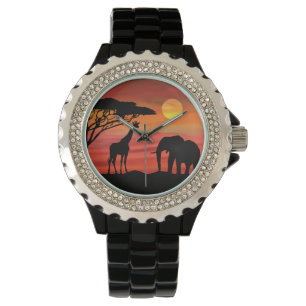 Elefant und Rhinoceros im Serengeti-Sonnenuntergan Armbanduhr