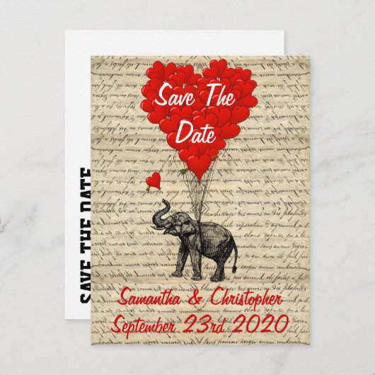 Elefant und rotes Herz Save the Date Ankündigungspostkarte (Vorne/Hinten)